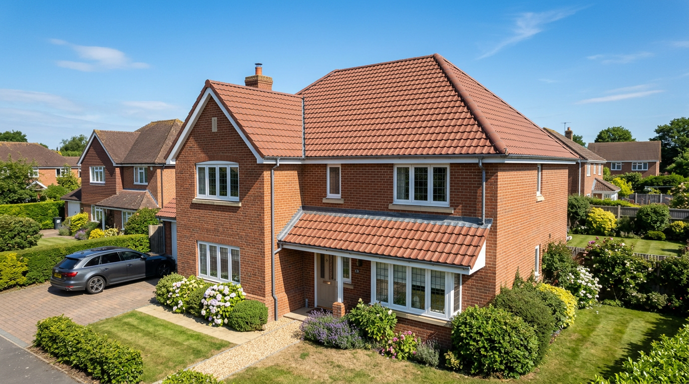 Newly installed pitched tiled roof on a modern UK house